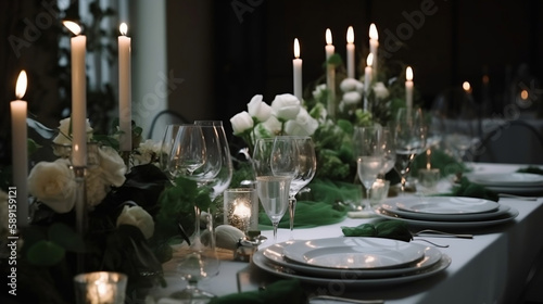 Wedding table decor in white and green tones. Generative AI.