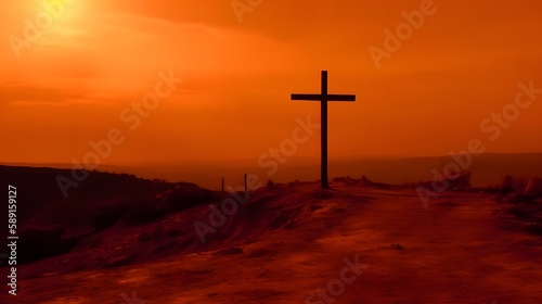 Jesus and cross on Golgotha hill, red sky, sunset, dawn, christ