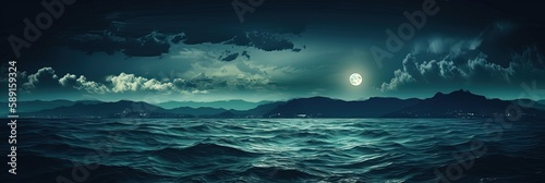 Mystic Sea Blue Green Clouds Dark Toned Atmosphere Silhouette Mountains Calm Moonlit Fantasy Background with Design Space, Generative AI
