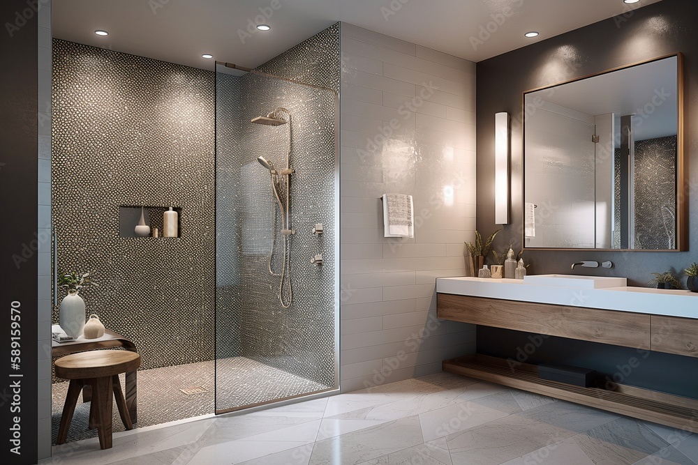 custom made wallpaper toronto digitalModern minimalist bathroom interior with spacious walk-in mosaic tile shower and chrome fixtures in a luxury home or spa setting