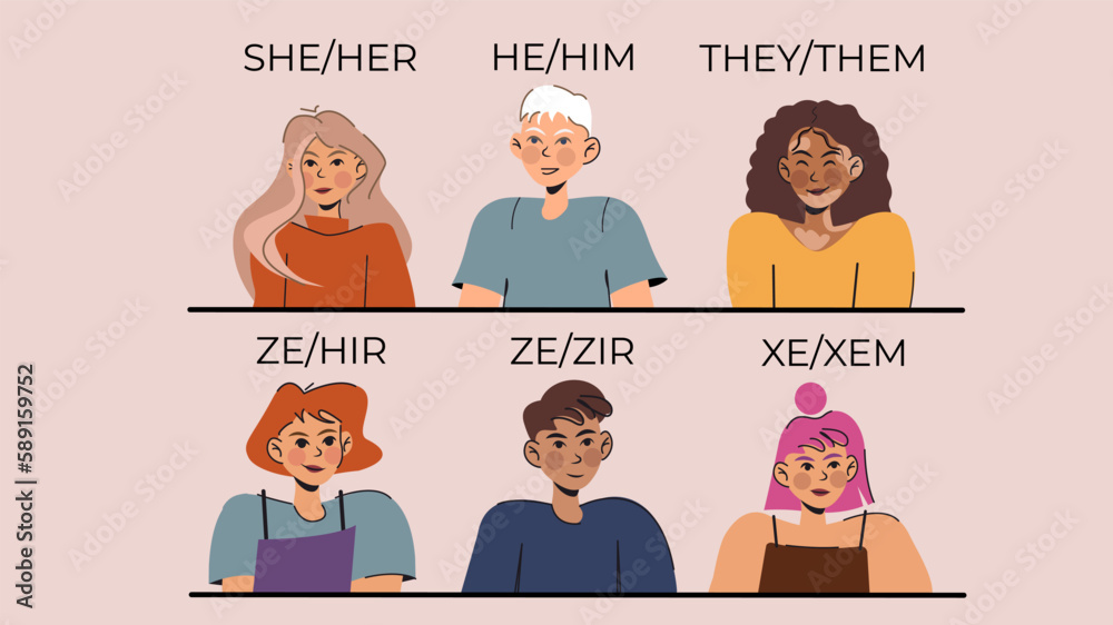 People with gender pronouns. She, he, they, non-binary. vector flat ...