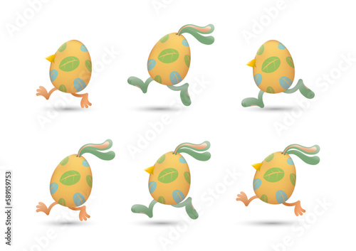 Yellow Easter eggs running with combination of beaks and legs of chicks, ears and legs of bunnies painted with leaves vector set