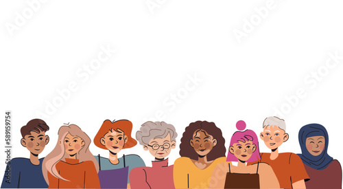border made of faces of different people. with empty space for text. people of different nationalities and ages together. flat vector illustration