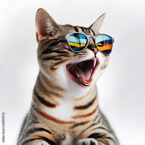 ai generated illustration of cute cat wearing sunglasses against white background
