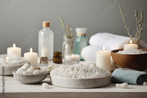 Beautifully Set Spa Table with Aromatherapy and Spa Accessories  Generative AI