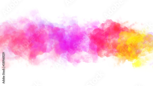 Colorful puffy clouds in watercolor style on transparent background. Abstract ink smoke in bright painted colors of red, purple and yellow. PNG element.
