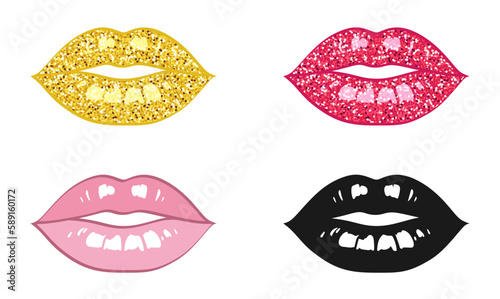 Set of colorful woman lips, isolated on a white background. Black and white, pink, with gold and red glitter texture. Vector decorative female lips for cover, website, sign, label, emblem and print