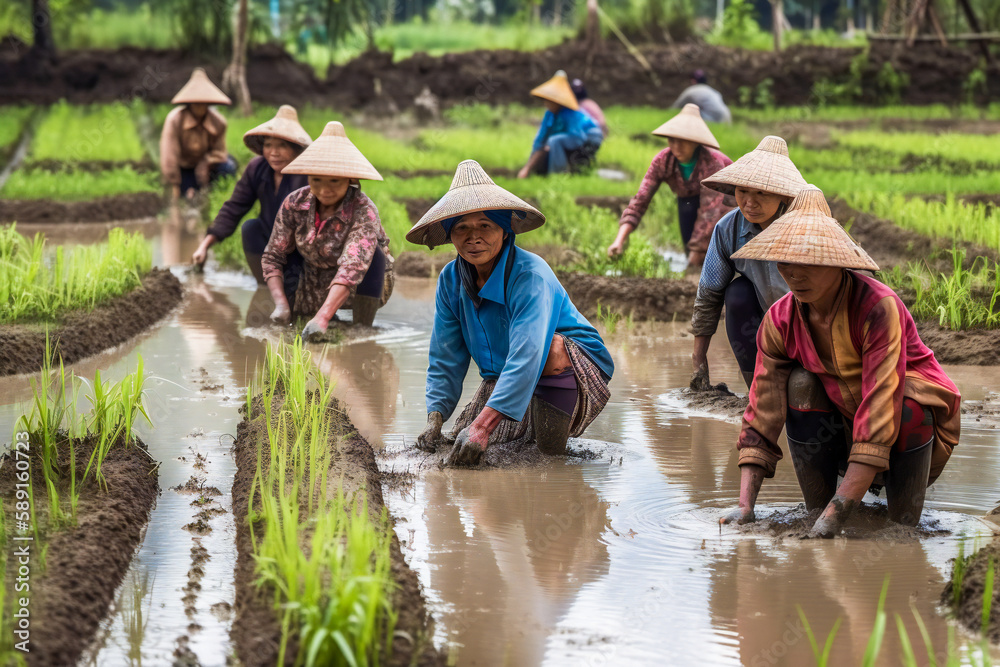 Smiling Chinese, Vietnamese or Far East village people planting rice in ...