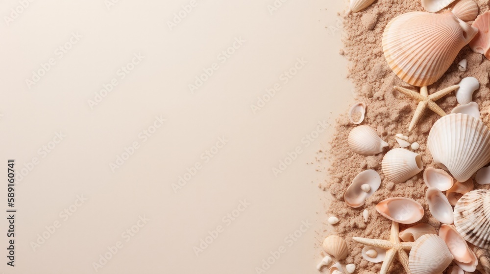 Obraz premium Copyspace background with summer seashell decor. Wallpaper template created using generative AI Tools.