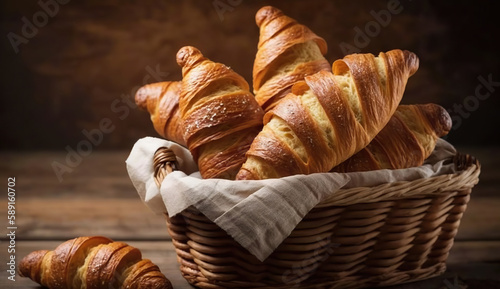Basket of delicious fresh croissants on wooden background. Based on Generative AI