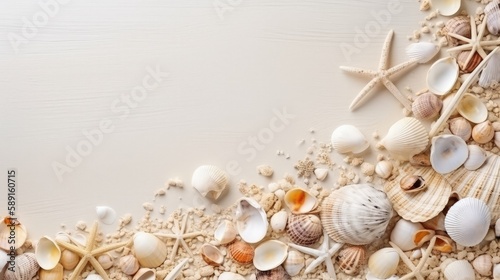 Copyspace background with summer seashell decor. Wallpaper template created using generative AI Tools.