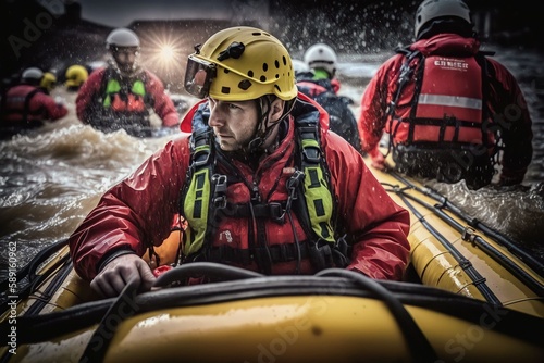 Rescuers search for people trapped in floods using rubber boats, Generative AI