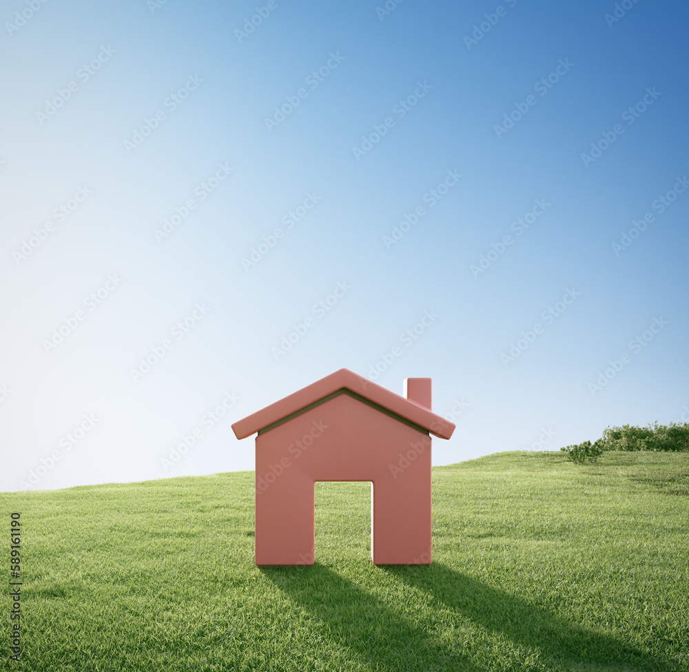 House symbol with empty grass floor. 3d rendering of green lawn and home icon. House symbol with empty grass floor. 3d rendering of green lawn and home icon.