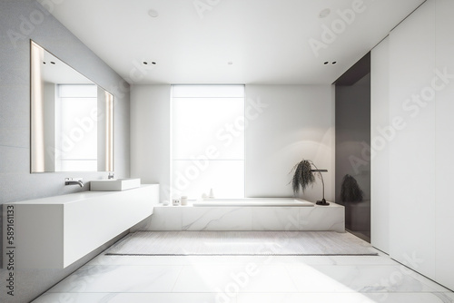 Minimalist bathroom in white and beige tones. Created with Generative AI technology.