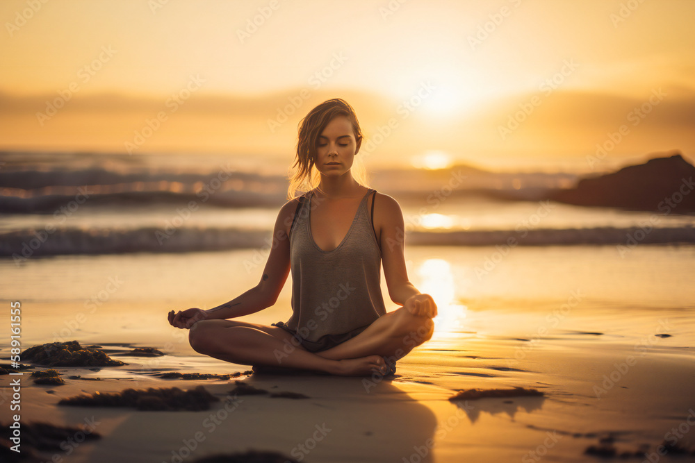 Young woman practicing yoga on the beach at sunrise. Created with Generative AI technology.