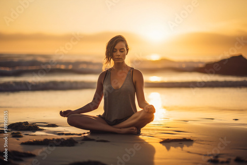 Young woman practicing yoga on the beach at sunrise. Created with Generative AI technology.