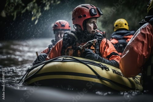 Rescuers search for people trapped in floods using rubber boats, Generative AI © Salsabila Ariadina