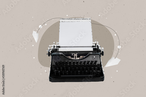 Template picture collage photo of vintage keyboard writer author newsletter message reportage fresh message isolated on drawing background