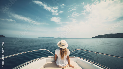 view from behind woman relaxing on a luxury boat, ai generative © ZoomTeam