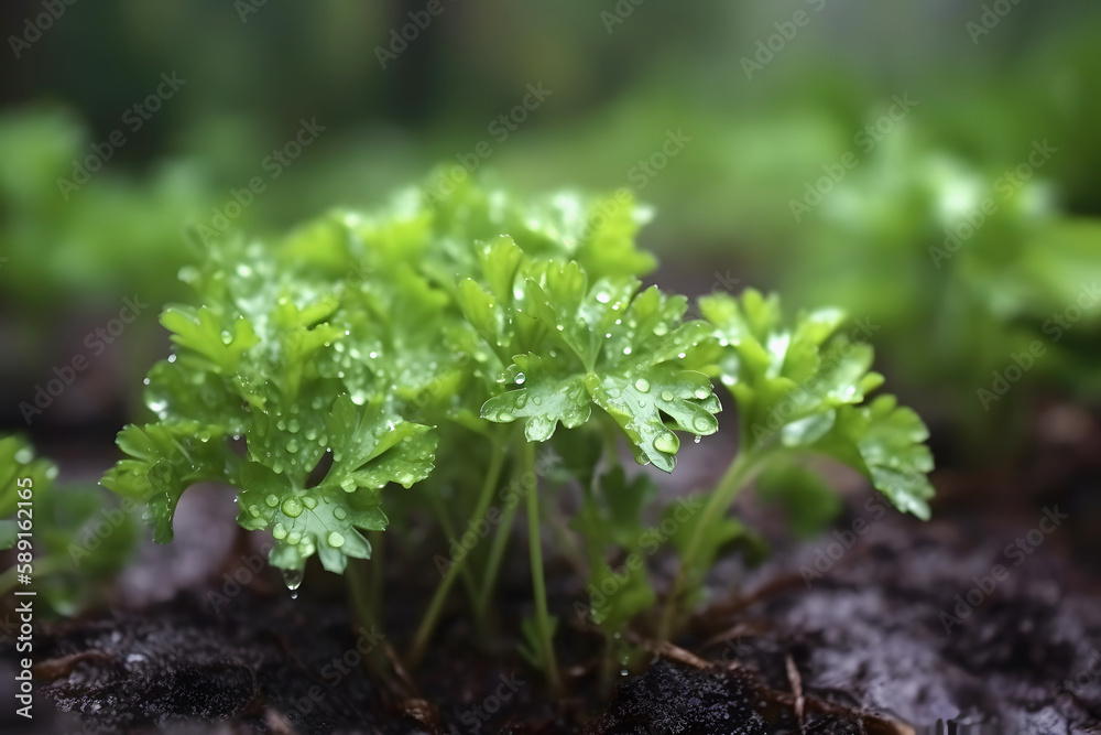 Close-up parsley plants growing in the garden, with fresh water drops on a rainy morning in the countryside. Generative AI Close-up parsley plants growing in the garden, with fresh water drops on a rainy morning in the countryside. Generative AI