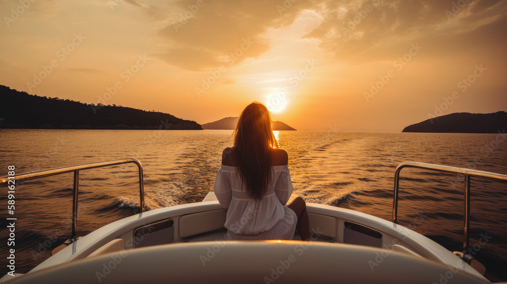 view from behind woman relaxing on a luxury boat, ai generative
