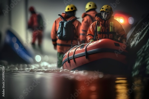 Rescuers search for people trapped in floods using rubber boats, Generative AI