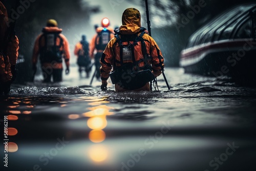 Fototapete Rescuers search for people trapped in floods using rubber boats, Generative AI