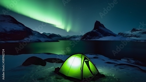 Camping in the mountains in iceland at night with polar lights view - Generative AI 