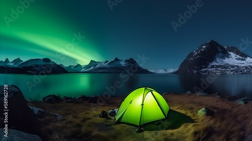 Camping in the mountains in iceland at night with polar lights view - Generative AI 