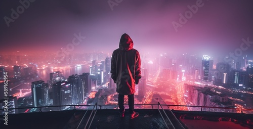 A man in a futuristic hooded jacket stands on top of a skyscraper on a blurred cyberpunk city panorama background with bright neon lights. Photorealistic Generative AI illustration.