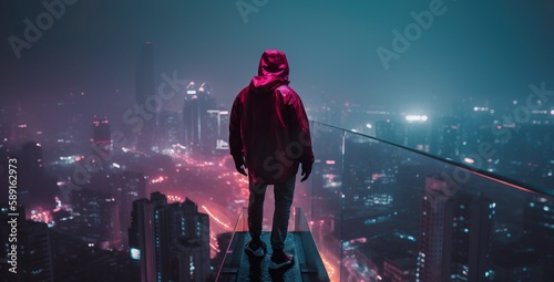 A man in a futuristic hooded jacket stands on top of a skyscraper on a blurred cyberpunk city panorama background with bright neon lights. Photorealistic Generative AI illustration. © Valeriy
