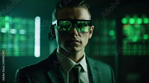 Cyber Expert Analyzing Code: Portrait of IT specialist with smart glasses and cyberspace green matrix. Generative AI