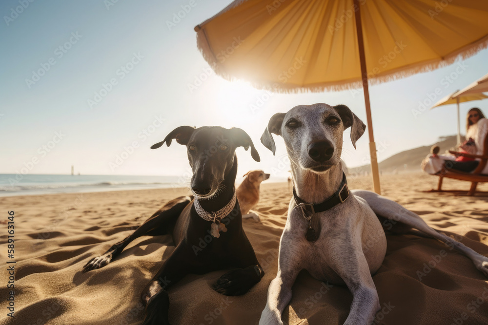 Greyhound dogs lie under an umbrella on the beach near the ocean. Tourist season concept. Generative AI