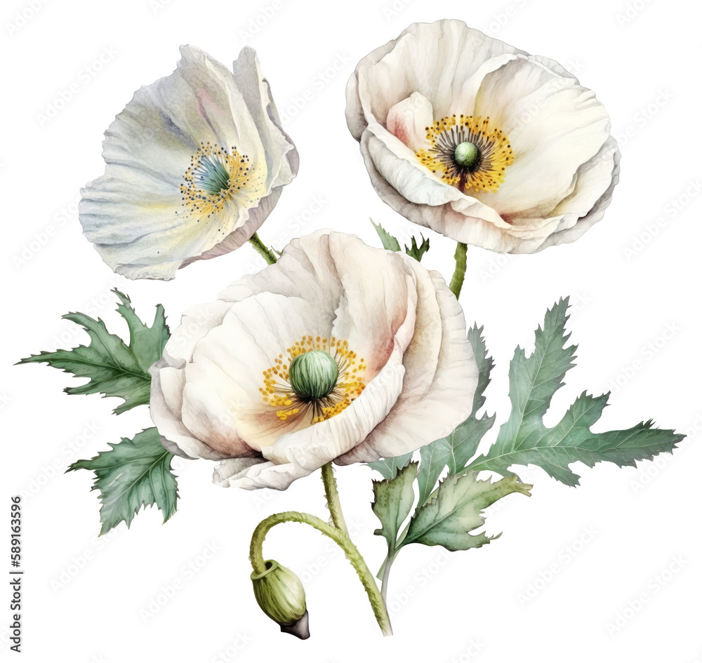 Bouquet white flowers Poppies Watercolor Illustration  Generative AI, digital art - obrazy, fototapety, plakaty 