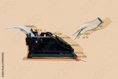 Composite retro concept collage advertisement of nostalgia hand touch vintage mechanical keyboard author typewriter isolated on beige background