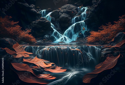 Forest waterfall mountain river developing into a waterfall mountain water fauna. Generative AI