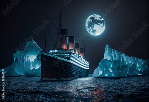 Foto Titanic ship sailing at night with moon and iceberg
