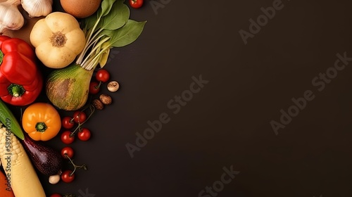 Copyspace background with vegetable decor. Wallpaper template created using generative AI Tools.