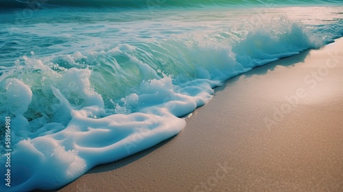 Close-up foam waves lapped the sandy beach.