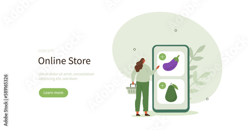 Grocery buying. Character holding shopping basket and choosing different types of groceries on mobile phone screen. E-commerce concept. Vector illustration.
