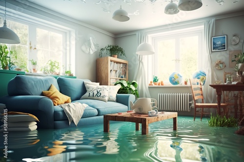 Tela flooded in interior house, Generative AI