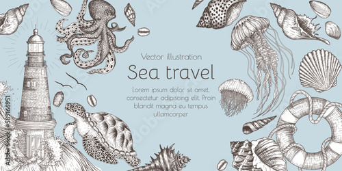 Vector nautical banner template in engraving style. Lighthouse surrounded by waves, lifebuoy, shells, octopus, sea turtle, jellyfish