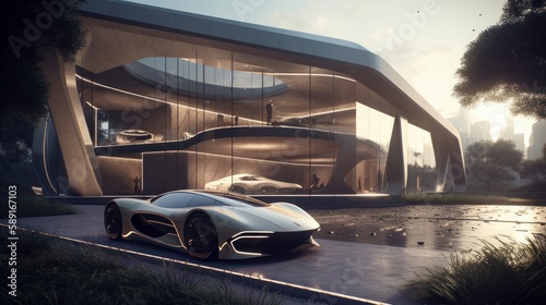 Ultimate Luxury Living: Massive House with Sleek & Stylish Supercar Bringing Outdoor Adventure to Life with Bright-Light & High-Speed Drives, Generative AI