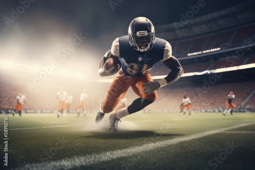 American Football Player Scores a Touchdown.American football player celebrates scoring a touchdown in front of a roaring stadium crowd Generative AI