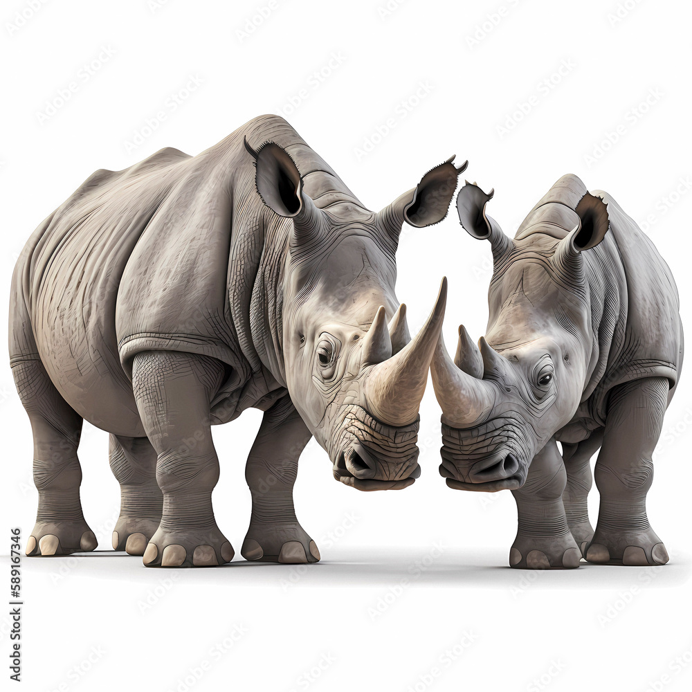 Fototapeta premium Rhinozerosse, threatened animal species with horn, ai generated