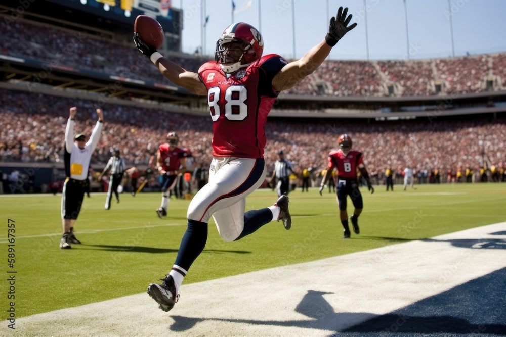 Obraz premium American Football Player Scores a Touchdown.American football player celebrates scoring a touchdown in front of a roaring stadium crowd Generative AI
