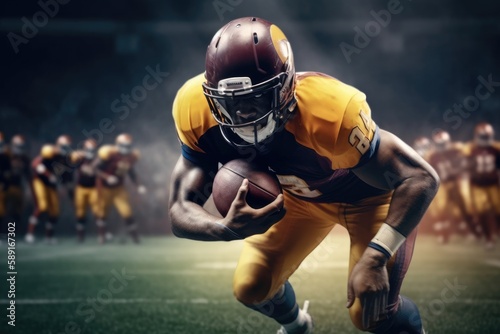 American Football Player Scores a Touchdown.American football player celebrates scoring a touchdown in front of a roaring stadium crowd Generative AI