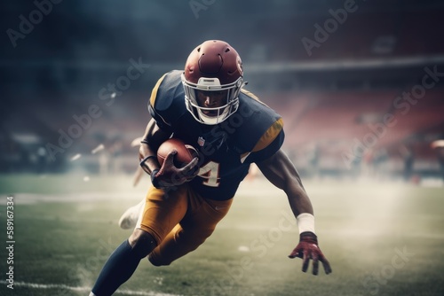 American Football Player Scores a Touchdown.American football player celebrates scoring a touchdown in front of a roaring stadium crowd Generative AI photo