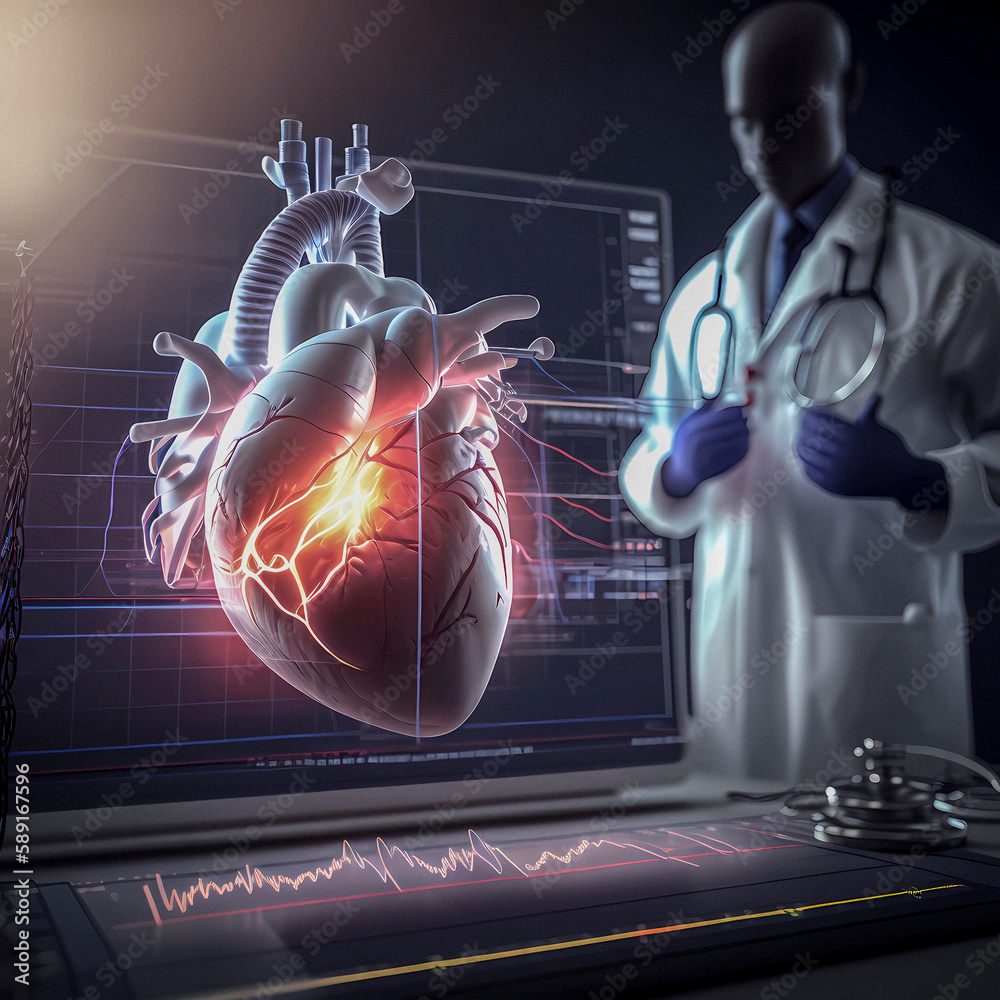 Cardiac surgery , human heart with cells and arteries, heart attack