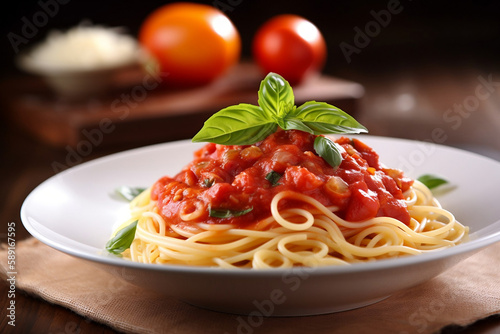 Delicious spaghetti with tomato sauce and Parmesan cheese
